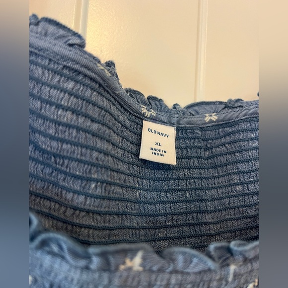 Size XL- Old Navy Puff-Sleeve Smocked Printed Embroidered Chambray Midi Dress - Picture 5 of 6